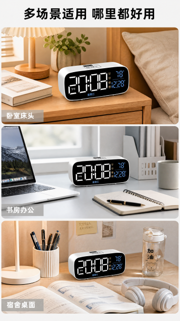 [第5屏] 多场景使用展示-LED大屏幕数字闹钟多场景适配展示。本屏使用【图1】作为产品主体参考，保持产品结构颜色和原图一致。
[氛围/风格] 生活方式拼贴，自然温馨，真实居家办公氛围感，清新明亮。预览效果