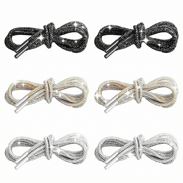 Product image of Rhinestone round tube shoelaces, product appearance 100% same as original picture, main background pure white #FFFFFF, product centered, product accounts for more than 85% of the picture, no text, no logo, no border, showing all three color styles (black, AB color, silver), high brightness flash effect, fashion sense, high-definition detail texture, 2k resolution