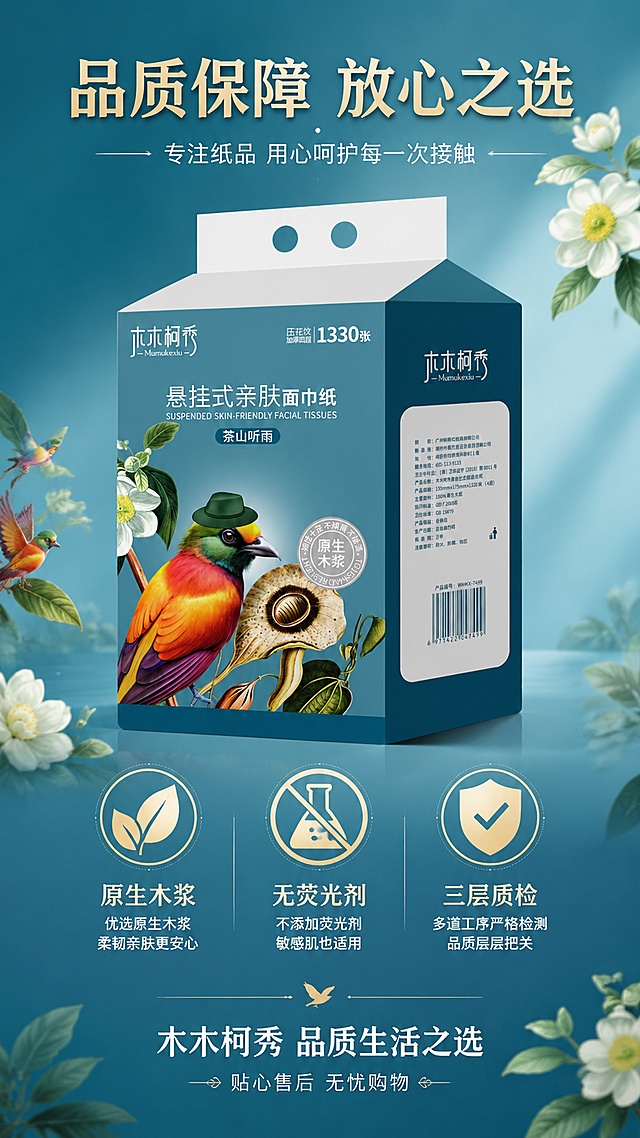 [第8张] 详情页品牌信任页-品质保障与品牌背书。本张使用【图1】作为产品主体。
[氛围/风格] 信任背书风，专业可靠，温暖有保障，引导下单。
[元素布局] 画面中央偏上展示产品包装盒，占比约35%；下方三个信任图标横向排列；底部为品牌标语与引导语；背景为渐变蓝绿色，融入淡雅的花鸟元素与首图呼应，形成首尾呼应的完整感；产品外观与输入图一致。
[光影质感] 柔和顶光，产品明亮突出，整体温暖可信。
[配色色系] 全局底色 #2E7D8E 渐变至 #5BA3B0，与首图呼应；主色蓝绿色；辅助色金色、白色；点缀暖橙色花鸟元素。
[视角构图] 正面平视，上下结构，阅读动线从上到下：产品 → 信任保障 → 品牌语。
[文字版式] 产品上方主标题「品质保障 放心之选」，副标题「专注纸品 用心呵护每一次接触」；产品下方三个信任图标：「原生木浆」「无荧光剂」「三层质检」，每个图标配简短说明；底部品牌语「木木柯秀 品质生活之选」；最下方小字「贴心售后 无忧购物」；文字清晰有温度，不遮挡产品。
[比例分辨率] 9:16 竖版比例，4K 分辨率，文字清晰可辨，高清画质。
[负向提示词] 产品变形，颜色偏差，水印，文字错乱，虚假认证标识，背景杂乱。