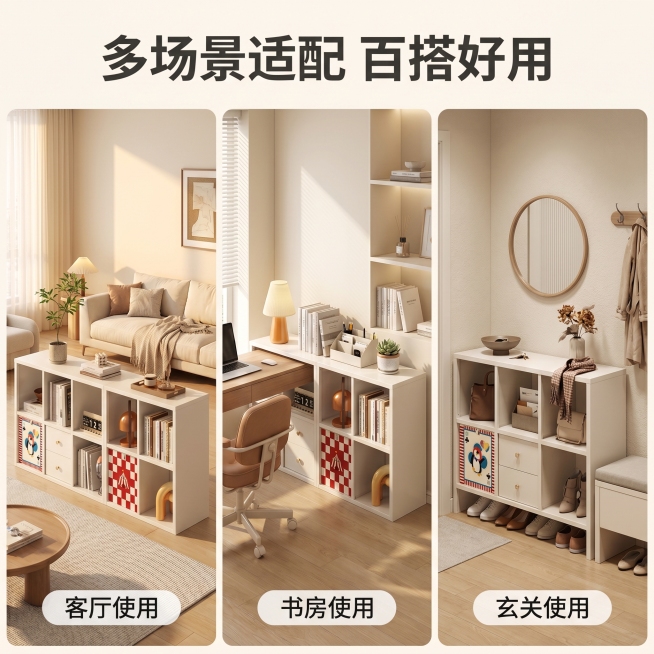 [主图 4] 奶白色钢制收纳储物柜多场景适配展示，呈现产品百搭属性。
[氛围风格] 现代简约奶油风，温馨居家生活感；整体光影与风格保持和主图1统一。
[画质] 商业摄影质感、光线柔和通透、产品清晰真实预览效果