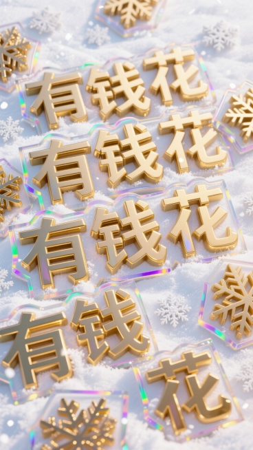 皑皑白雪的背景，大量 “有钱花” 文字以鎏金立体粗体呈现，表面色泽光亮。带透明渐变外框雪花纹理边框有阳光的彩色折射。文字密集交错、无规则叠放，部分文字带金属反光效果，充满清冷富贵感，视觉冲击力强，四周预览效果