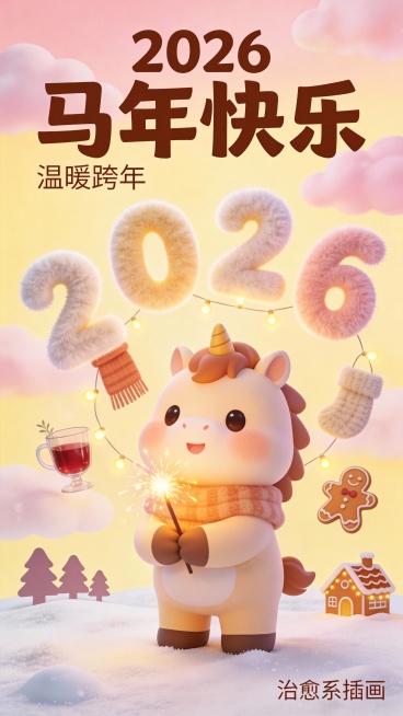 2026 马年治愈系跨年插画海报，浅粉 + 鹅黄主色调，软萌云朵背景；中心是圆滚滚的卡通小马（抱烟花棒），周围漂浮‘2026’圆润数字（带绒毛质感）；点缀毛绒围巾、热红酒杯、暖光小串灯元素；底部是雪地预览效果