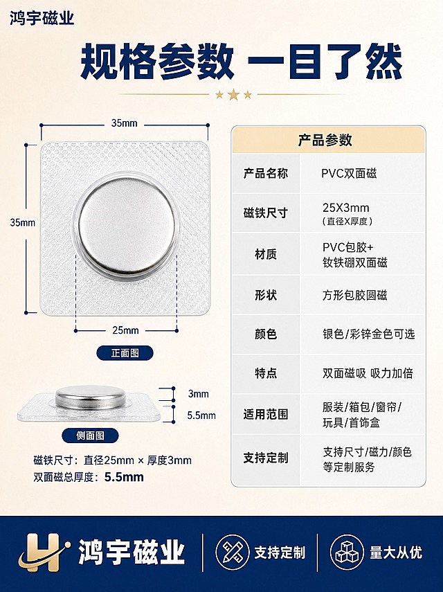 [商品] 使用【图3】【图8】PVC双面磁产品；保留透明PVC方形包胶+圆形银色/金色磁铁的完整双面磁外观、尺寸比例和材质；精修清晰化。
[画面] 页面目标：规格参数收口，清晰展示25X3磁铁尺寸和完整双面磁参数。左右构图，左侧为产品尺寸标注图，右侧为参数表格。左侧展示一枚PVC双面磁正面图和侧面图，用深蓝色尺寸线标注磁铁尺寸：直径25mm、厚度3mm，侧面图标注双面磁总厚度，尺寸线清晰准确。右侧为浅灰色底参数表，列出产品各项参数。底部有深蓝色品牌信息条。背景为浅米色渐变，简洁干净。左上角文字"鸿宇磁业"。
[视觉] 套系策略：风格=蓝金工业品质风，源头工厂专业感；标题字=现代粗黑体，厚重有力；正文字=简洁无衬线体；主色=深蓝色+米金色；背景延展=浅米色渐变底，简洁干净；强调色=浅金色，用于表格表头和重点参数；标题色=深蓝色；正文色=深灰色；组件=深蓝色尺寸线、浅灰底参数表、深蓝色底部条；光影=均匀平光，产品清晰平整。
[文字] 顶部深蓝色大字标题写"规格参数 一目了然"。参数表包含：产品名称PVC双面磁、磁铁尺寸25X3mm（直径X厚度）、材质PVC包胶+钕铁硼双面磁、形状方形包胶圆磁、颜色银色/彩锌金色可选、特点双面磁吸 吸力加倍、适用范围服装/箱包/窗帘/玩具/首饰盒、支持定制。尺寸标注数字清晰，参数表文字横排整齐，保证手机端可读。底部深蓝条白字写"鸿宇磁业 支持定制 量大从优"。
[规格] 图片比例3:4竖版，2K分辨率，避免变形、错字、文字过小、尺寸标注不准确、表格杂乱、水印、平台Logo。