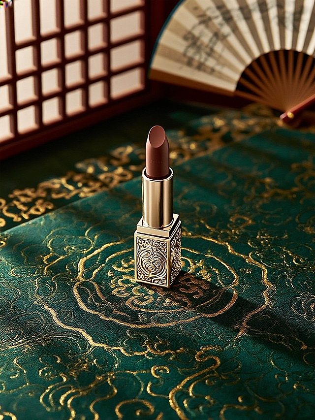 抠出图片主体，保留主体形状，给主体加上国风雕刻纹样。墨绿色+金色花样暗纹的桌面，后景折扇、屏风，营造典雅、富有东方韵味的氛氛围；景深效果。