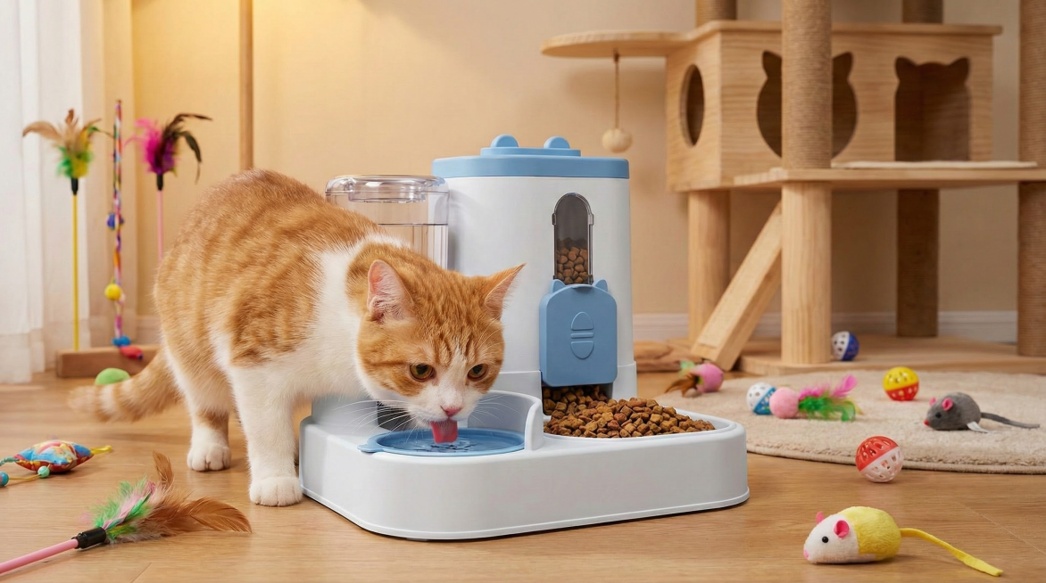 以图中的猫咪喂食喂水器为元素,猫猫在吃饭喝水,物体主体特征不变,设计6张跟猫咪喂食喂水器有关的图,比例 「16:9」预览效果