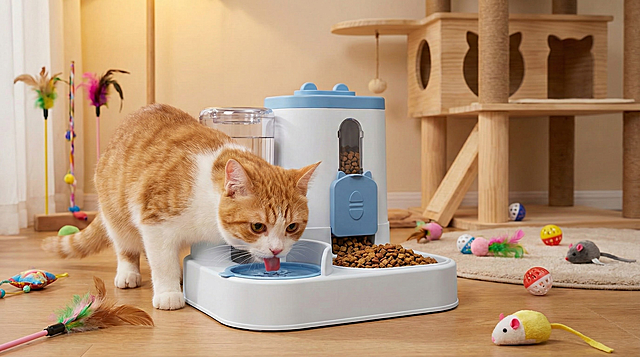 以图中的猫咪喂食喂水器为元素,猫猫在吃饭喝水,物体主体特征不变,设计6张跟猫咪喂食喂水器有关的图,比例 「16:9」