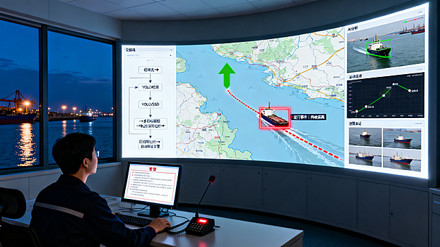 港口VTS（船舶交通服务）中心内景，时间设定在傍晚交接班时刻。巨大的弧形监控屏幕墙散发着冷白色背光，与窗外深蓝色的暮色和港口零星的作业灯光形成宁静对比。

屏幕中央的电子海图动态显示着航道交通态势：绿色箭头清晰标示合法航行方向，一艘货轮的AIS信号正沿红色虚线轨迹明显逆向移动，被醒目的红色闪烁框锁定，旁注“逆行事件｜持续偏离”。右侧分屏分层展示AI分析过程：上方是实时视频画面，船舶被绿色识别框持续跟踪；中间是运动轨迹坐标点叠加图；下方已自动生成取证包，包含违规视频片段、时间戳和船舶特征截图。左侧信息面板以简约流程图展示核心逻辑：“视频流→目标检测（YOLO/SSD）→多目标跟踪→轨迹/规则比对→自动取证告警”。

一名VTS值班员正专注地看向主屏幕，他面前的辅助显示屏同步弹出详细告警报告。他手边的通讯面板上，VHF无线电的麦克风指示灯亮起，正准备进行人工核实与联络——这正是文中强调的“人机协同”：AI完成初筛与取证，人类负责最终决策与干预。

窗外，港口的夜间灯光在水面投下点点波光，远处航道上的船舶航行灯在暮色中依稀可辨。整体画面通过清晰的数据图层、克制的算法可视化与即时的协同响应状态，精准展现AI系统如何实现全天候智能监测、自动取证，并与人类经验结合，共同构筑港口水域航行安全的数字化防线。