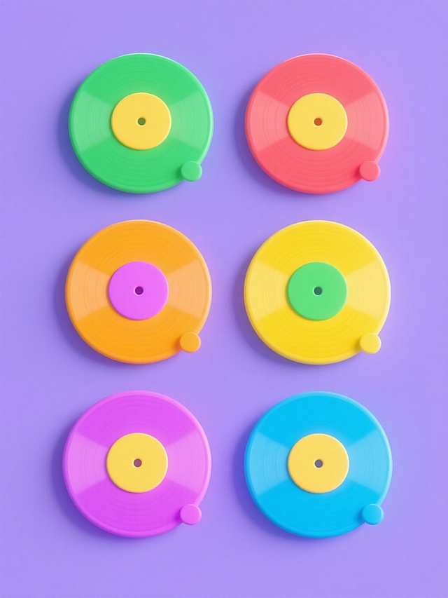 6张不同配色的3D卡通风格唱片，每张唱片拥有独特的纯色样式，以整齐的方式排列在纯色背景上，唱片设计保持简洁圆润的卡通造型，边缘光滑，色彩鲜明且对比清晰，整体呈现出可爱活泼的视觉效果，符合卡通插画的明快风格。