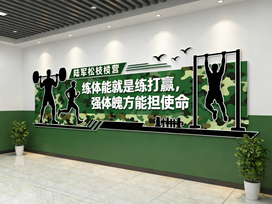 军营文化墙设计，融入健身房健身元素，整体为陆军松枝绿、迷彩配色的军营风格，横版排版，画面中包含举重、跑步、引体向上等军人健身的黑色力量感剪影，醒目位置展示标语“练体能就是练打赢，强体魄方能担使命”，整预览效果