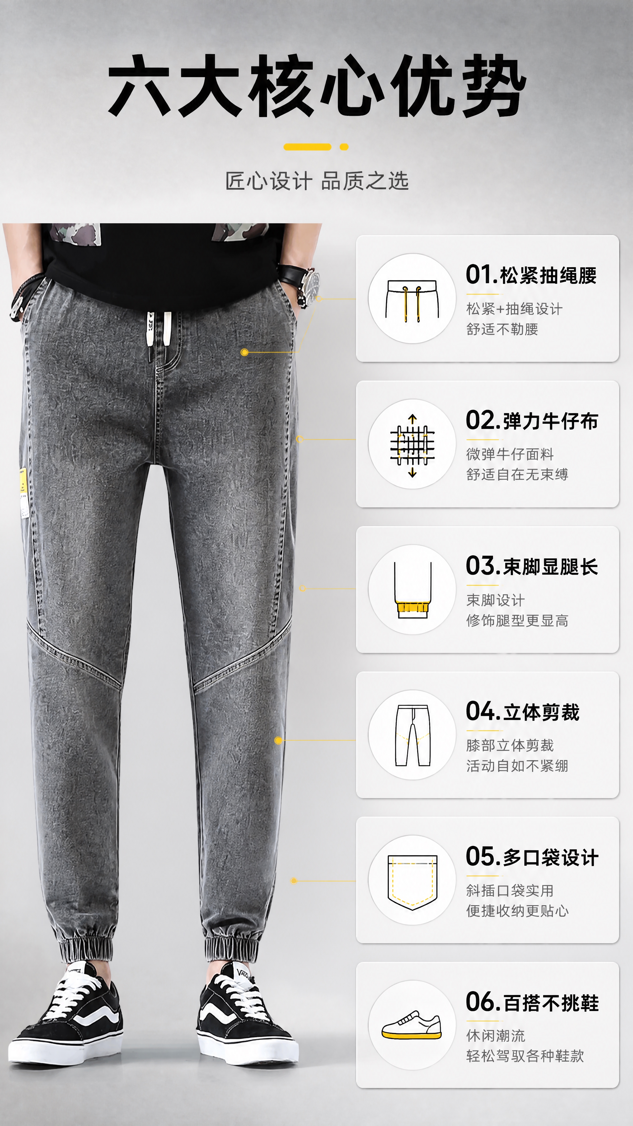 [商品] 使用【图1】男士烟灰色松紧腰束脚牛仔裤；商品处理：保… - 图片创意预览