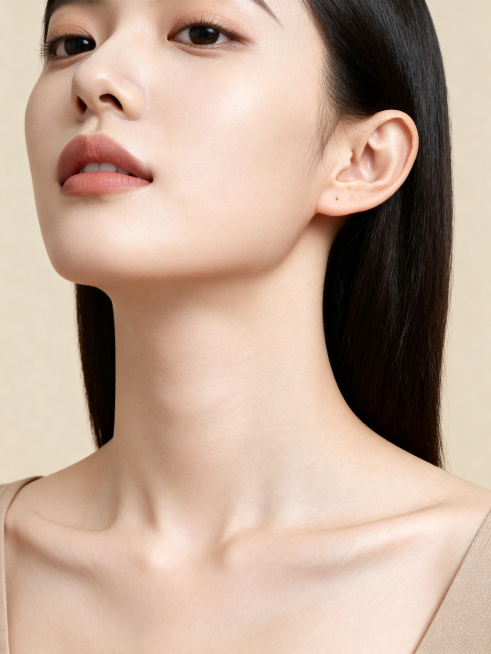 适用于耳饰、项链展示的女性模特，20-28岁，气质温婉高级，肩颈线条优美，颈部和耳部皮肤白皙细腻，妆容干净清透，发型简洁露出耳部与颈部，身穿简约低领基础款上衣，姿态自然露出颈部与耳部位置，方便展示耳饰预览效果
