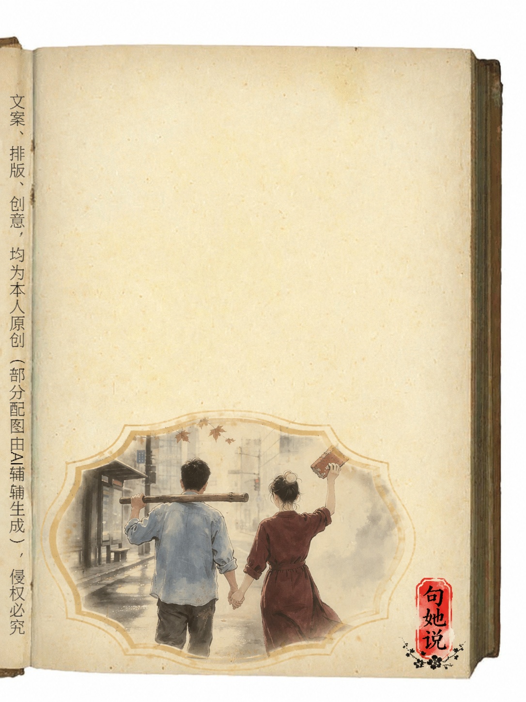 将第二张参考图（一对男女牵手走在街道的水彩插画）完整、自然地嵌… - 图片创意预览