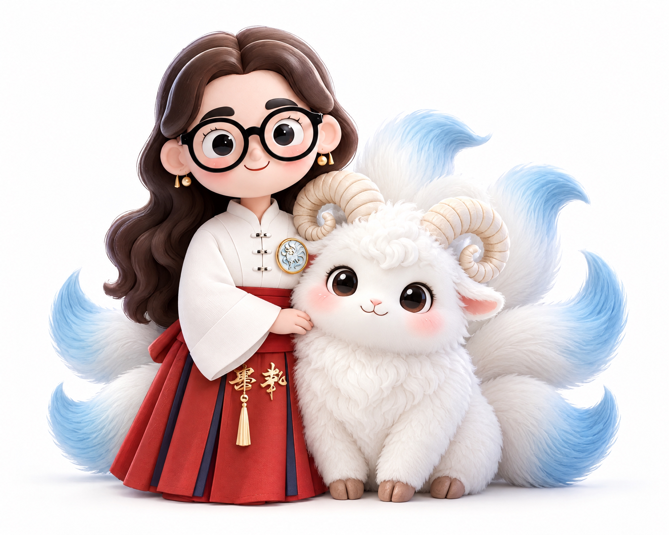 将汉服女老师和九尾羊神兽组合成一个logo形象。左边是戴黑框眼… - 图片创意预览
