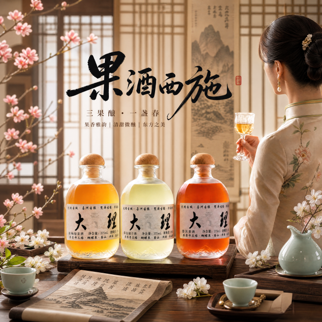 最终调优：强化典雅新中式房间背景（木质屏风、宣纸卷轴、青瓷茶具等）层次；确保三瓶果酒、‘果酒西施’突出书法logo、复古旗袍女生、果酒杯、桃花与茉莉花点缀协调统一；光影自然柔和, 无杂乱阴影; 1:1预览效果