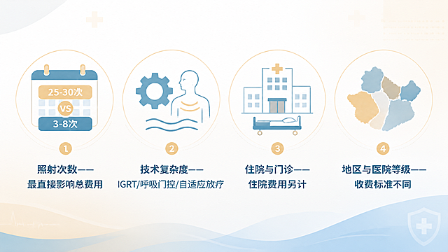四因素并列信息图，四个图标水平等距排成一行，横版16:9构图。温暖蓝金配色，干净简约的医学信息图解风格。第一个图标：日历图标上标注'25-30次'与'3-8次'对比，下方标注'照射次数——最直接影响总费用'；第二个图标：齿轮加呼吸波纹组合图标，下方标注'技术复杂度——IGRT/呼吸门控/自适应放疗'；第三个图标：医院大楼加病床组合图标，下方标注'住院与门诊——住院费用另计'；第四个图标：抽象区域地图用不同色块表示差异，下方标注'地区与医院等级——收费标准不同'。四个图标统一温暖色调，线条柔和简洁，整体医疗信息可视化风格。
