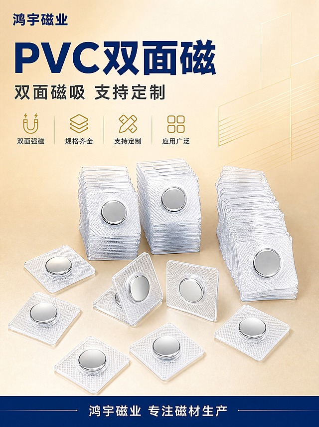 [商品] 使用【图1】【图3】【图5】PVC双面磁产品；保留透明PVC方形包胶底座（菱形格纹理）、中间镶嵌圆形银色磁铁的双面磁结构，保留产品的透明质感和金属光泽，保留产品形状和比例；产品精修：清理表面灰尘和划痕，增强金属磁铁反光质感，提升PVC透明度，边缘更清晰。
[画面] 页面目标：专业头图，建立源头工厂品质感，突出双面磁和可定制特点。上下构图，上半部分为标题区，下半部分为产品展示区。画面中央偏下位置陈列多枚PVC双面磁产品，有平铺的、有堆叠的、有侧立展示双面结构的，形成丰富的产品阵列，产品占画面约55%。背景为米金色渐变，带有淡淡的几何线条装饰。左上角用文字写"鸿宇磁业"，不加任何图形logo。底部有一条深蓝色信息条。
[视觉] 套系策略：风格=蓝金工业品质风，源头工厂专业感；标题字=现代粗黑体，厚重有力；正文字=简洁无衬线体；主色=深蓝色+米金色；背景延展=米金色到浅米色渐变，带细腻纹理质感；强调色=浅金色，用于图标、引线、标签；标题色=深蓝色；正文色=深灰色；组件=圆角信息卡、细线引线、浅金色图标；光影=柔和顶光，金属磁铁有细腻高光，PVC通透有质感。
[文字] 上部左侧主标题深蓝色大字写"PVC双面磁"，副标题写"双面磁吸 支持定制"，下方4个浅金色小图标配短文案：双面强磁、规格齐全、支持定制、应用广泛。底部深蓝色信息条白字写"鸿宇磁业 专注磁材生产"。文字横排，层级清晰，不遮挡产品主体。
[规格] 图片比例3:4竖版，2K分辨率，避免变形、错字、文字过小、产品结构失真、颜色偏差、悬浮感、水印、平台Logo。