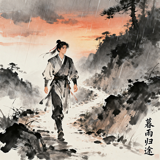 国风武侠年轻侠客头像，暮色烟雨中走在归家山路，潇洒江湖气息，文人风骨，画面角落题字"暮雨归途"，水墨写意，雅致留白，高清头像