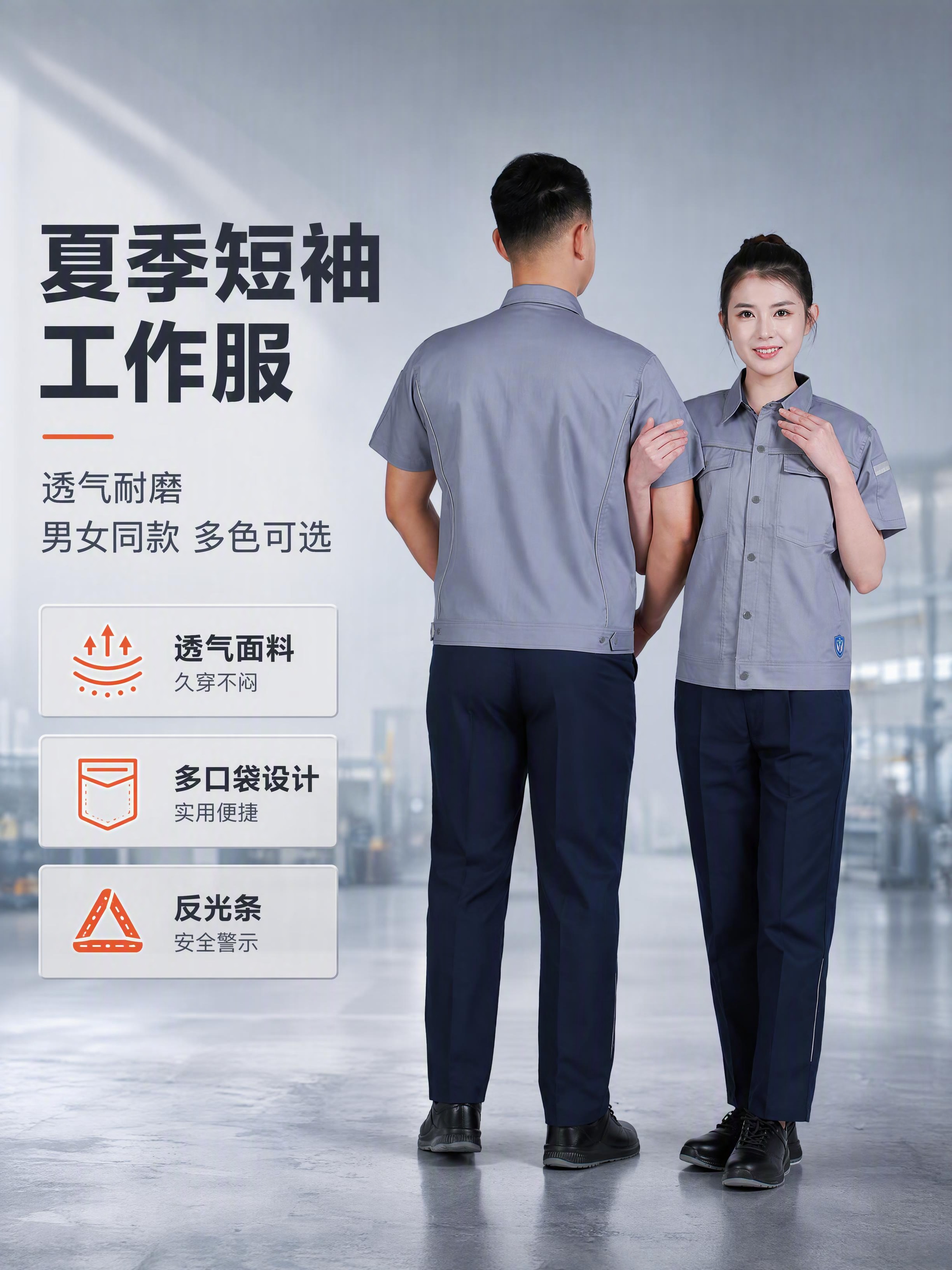 [商品] 使用【图6】浅灰色男女同款夏季短袖工作服套装；商品处… - 图片创意预览