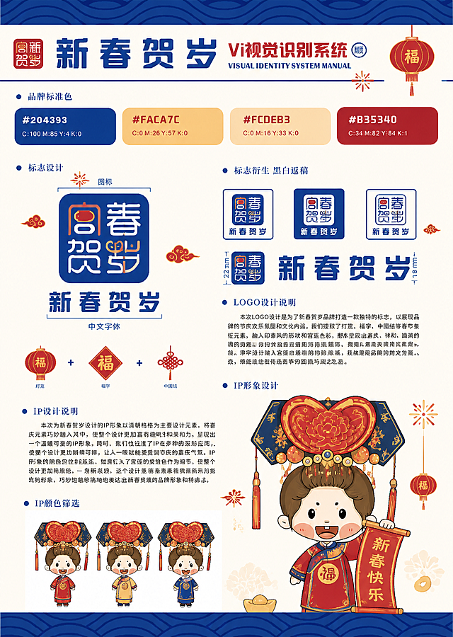 参考原图片的宫廷糕点VI视觉识别系统排版布局，将整体主题改为春节，整体保持蓝色宫廷国潮风格，保留品牌VI设计展示结构，增加春节喜庆红色元素，突出春节主题氛围