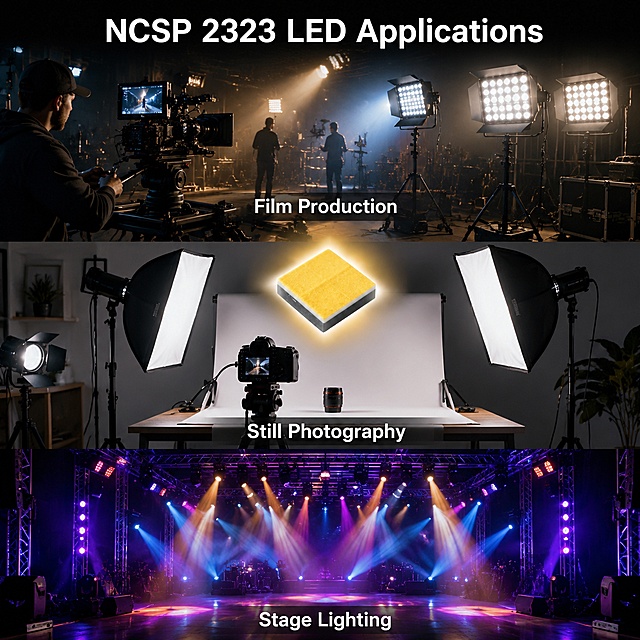 NCSP 2323 LED application scene image showing three application areas, 1000x1000, professional commercial style. Image divided into three horizontal sections, each showing a different application scene. Top section: Film Production - professional film studio with professional camera, multiple LED panel lights fully illuminated, cinematic lighting atmosphere, film crew equipment, dramatic studio environment. Middle section: Still Photography - professional photo studio with softbox LED lights, camera on tripod, product photography setup, clean modern studio environment, soft lighting. Bottom section: Stage Lighting - concert/theater stage with multiple stage spotlights, colorful light beams, stage truss rigging, dramatic performance atmosphere, vibrant stage lights. In center overlay: small NCSP 2323 LED chip glowing brightly, connecting all three scenes. Top center title: 'NCSP 2323 LED Applications'. Each section has its clear label at the bottom of the section: 'Film Production', 'Still Photography', 'Stage Lighting'. All text in English, clear bold sans-serif font. No LediCore logo. Dramatic professional lighting, high quality commercial photography style, cinematic atmosphere.