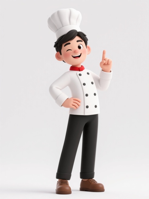 3D风格、干净风格，保持厨师元素，一位戴着白色高帽、穿白色双排扣厨师服及红色领巾的年轻厨师，侧身站立，右手叉腰，左手食指上指，灿烂笑容带俏皮眨眼，黑色短发，黑裤配棕皮鞋，线条圆润流畅，明快简洁色彩，白色背景突出主体，充满活力与亲和力预览效果