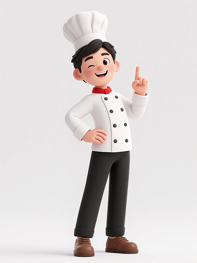 3D风格、干净风格，保持厨师元素，一位戴着白色高帽、穿白色双排扣厨师服及红色领巾的年轻厨师，侧身站立，右手叉腰，左手食指上指，灿烂笑容带俏皮眨眼，黑色短发，黑裤配棕皮鞋，线条圆润流畅，明快简洁色彩，白色背景突出主体，充满活力与亲和力