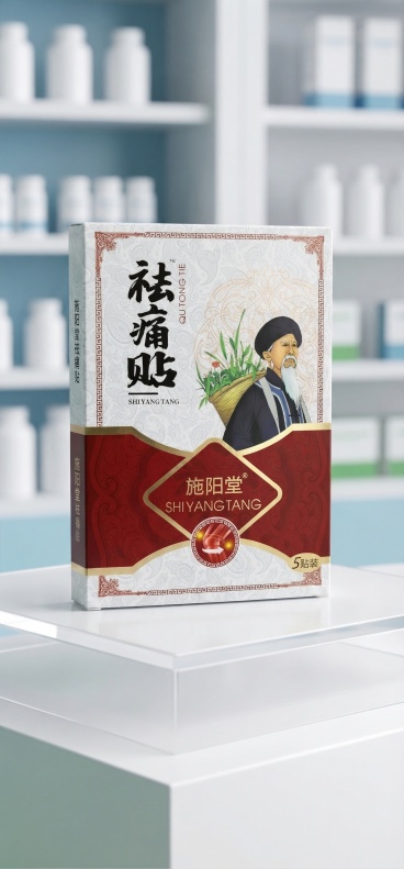 将这张祛痛贴产品包装盒放在干净明亮的医药电商场景中，保持产品原有包装上的所有文字和Logo不变，保持产品主体物理结构不变，自然柔和光影，干净简约的展示风格，突出产品，专业商品展示图预览效果