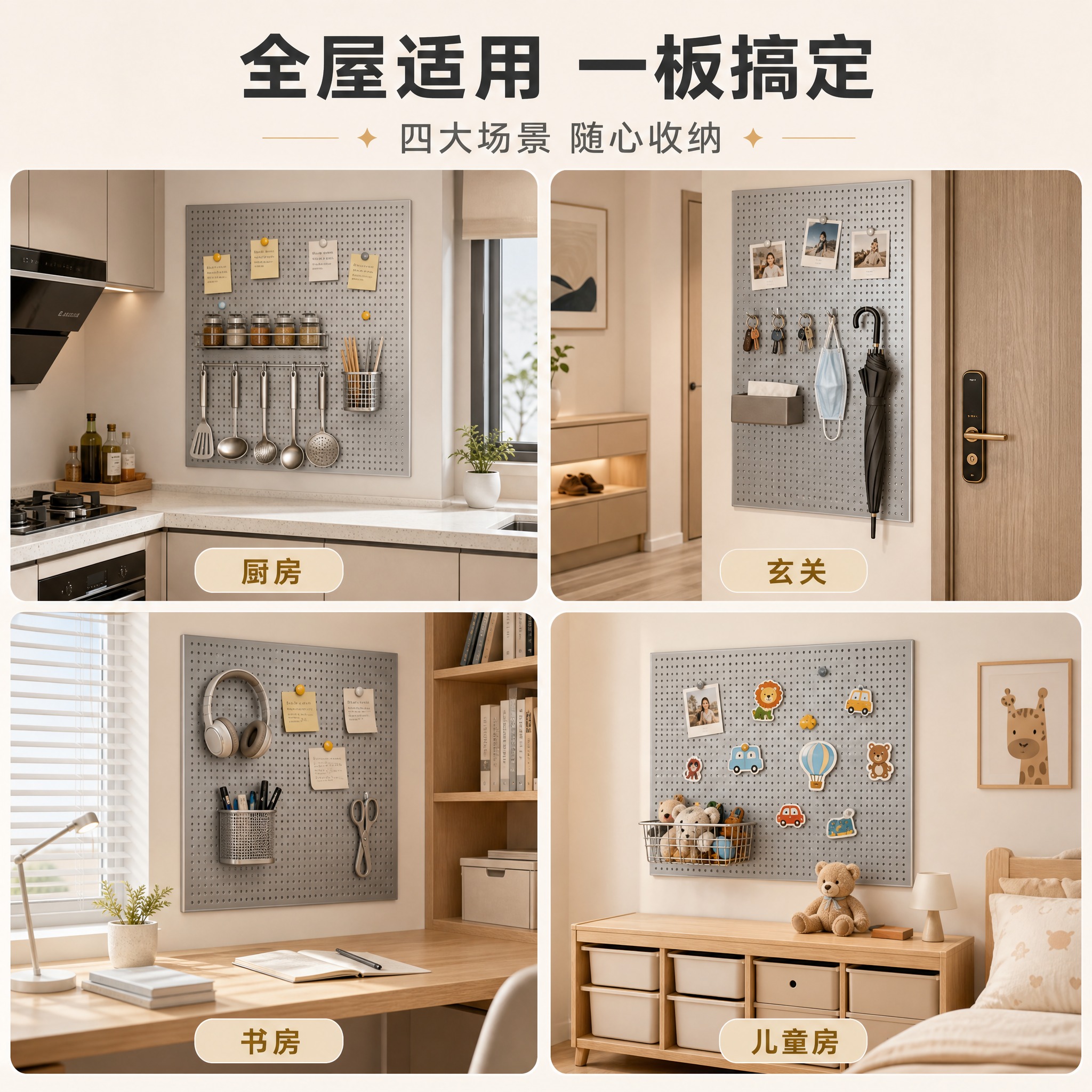 [主图-4] 全屋多场景应用宫格图，展示不锈钢洞洞板在厨房、玄… - 图片创意预览