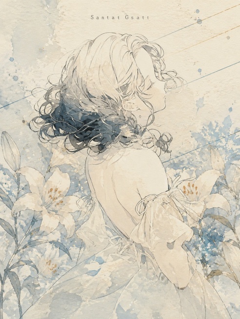 参考原图女生背影线条风格，重新生成画面，合理添加百合花元素，整体调整为复古水彩风格预览效果