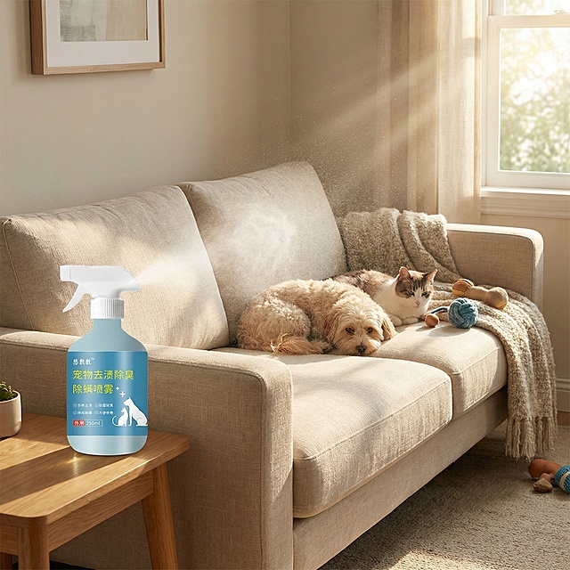 温馨居家生活场景代入图，干净的沙发角落正在喷洒这款宠物去渍除臭除螨喷雾，喷雾瓶完整放置在画面一侧，产品外观与参考图保持一致，柔和暖光阳光洒入，传递安全护宠、清新居家环境的信任感，画面真实细腻，养宠氛围，高清无水印