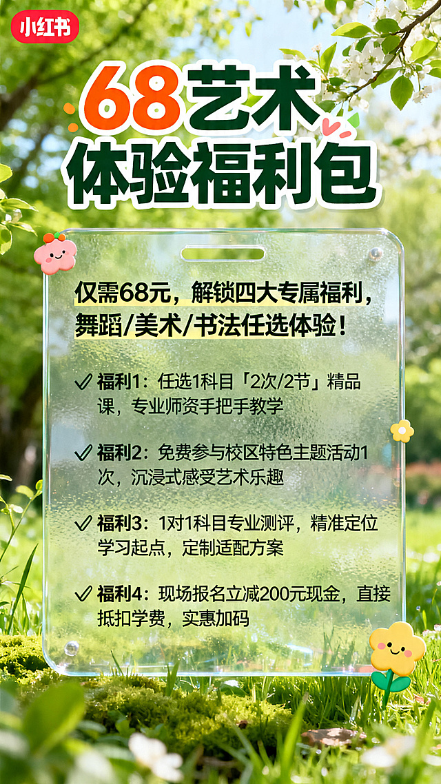 参考上传图片的设计风格，磨砂玻璃质感透明卡片，春天绿色自然背景，小清新活力风格，设计68元艺术体验福利包促销海报。主标题"68艺术体验福利包"放在顶部，字体活泼醒目。内容文字：仅需68元，解锁四大专属福利，舞蹈/美术/书法任选体验！✅ 福利1：任选1科目「2次/2节」精品课，专业师资手把手教学✅ 福利2：免费参与校区特色主题活动1次，沉浸式感受艺术乐趣✅ 福利3：1对1科目专业测评，精准定位学习起点，定制适配方案✅ 福利4：现场报名立减200元现金，直接抵扣学费，实惠加码。排版清晰，保留磨砂透明卡片设计，添加可爱小装饰，适合小红书竖版海报。