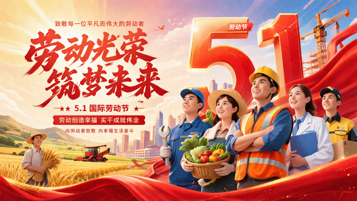 五一劳动节主题宣传海报，画面洋溢着劳动光荣的氛围，有工人、农民等劳动者元素，配色活力鲜明，设计大气有节日氛围感，整体风格现代积极预览效果
