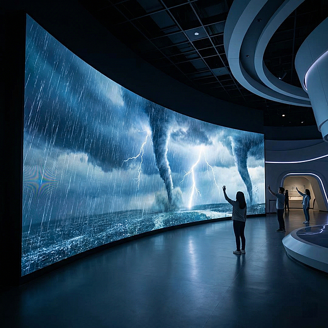 科技馆风格，科技展项巨幕体感互动模拟呼风唤雨天气，不出现文字，照片级渲染，远景正对屏幕，超清晰，高分辨率
