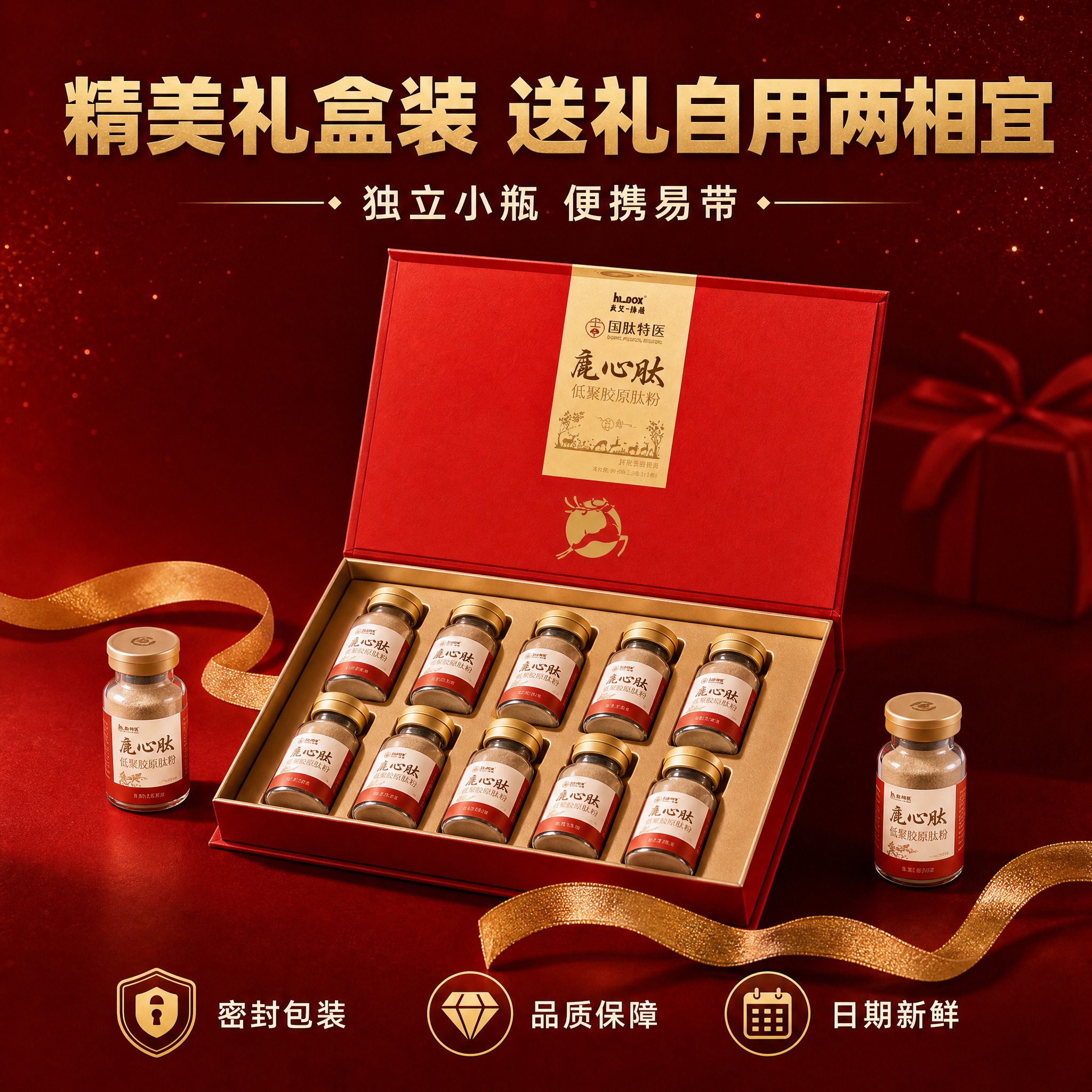 [主图-3] 国肽特医鹿心肽低聚胶原肽粉 礼盒展示与规格说明图… - 图片创意预览