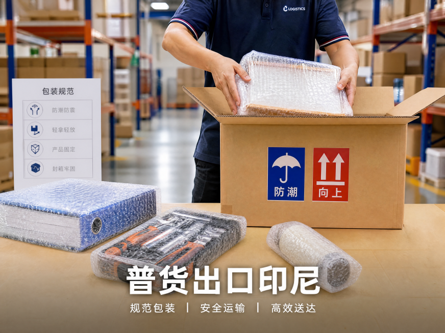 高清晰度商业摄影照片，4:3比例。内容为几类代表性普货（厨房收纳盒、五金工具、文件夹、水杯），正在被操作员用标准气泡膜包裹，整齐码放进加固出口纸箱，箱体张贴“防潮”“向上”标识。背景是明亮整洁的专业仓预览效果