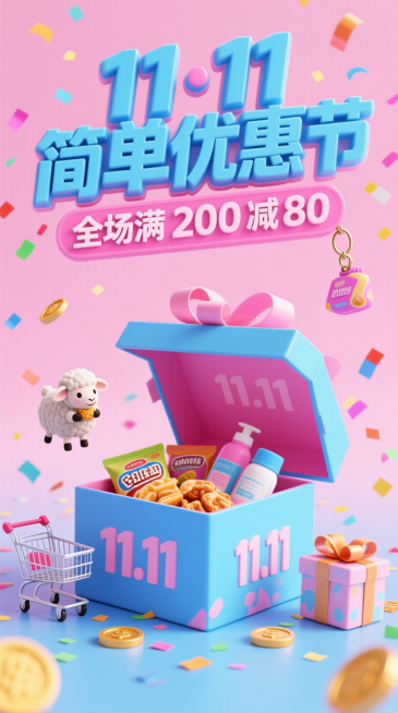 3D 主标题 “11・11简单优惠节” 顶置，蓝粉立体字；副标 “全场满 200 减 80” 用粉色小字缀左侧。中心是 3D 开盖礼盒（内露零食 / 日用品，盒面印 11.11），四周飘少量彩色纸屑、预览效果