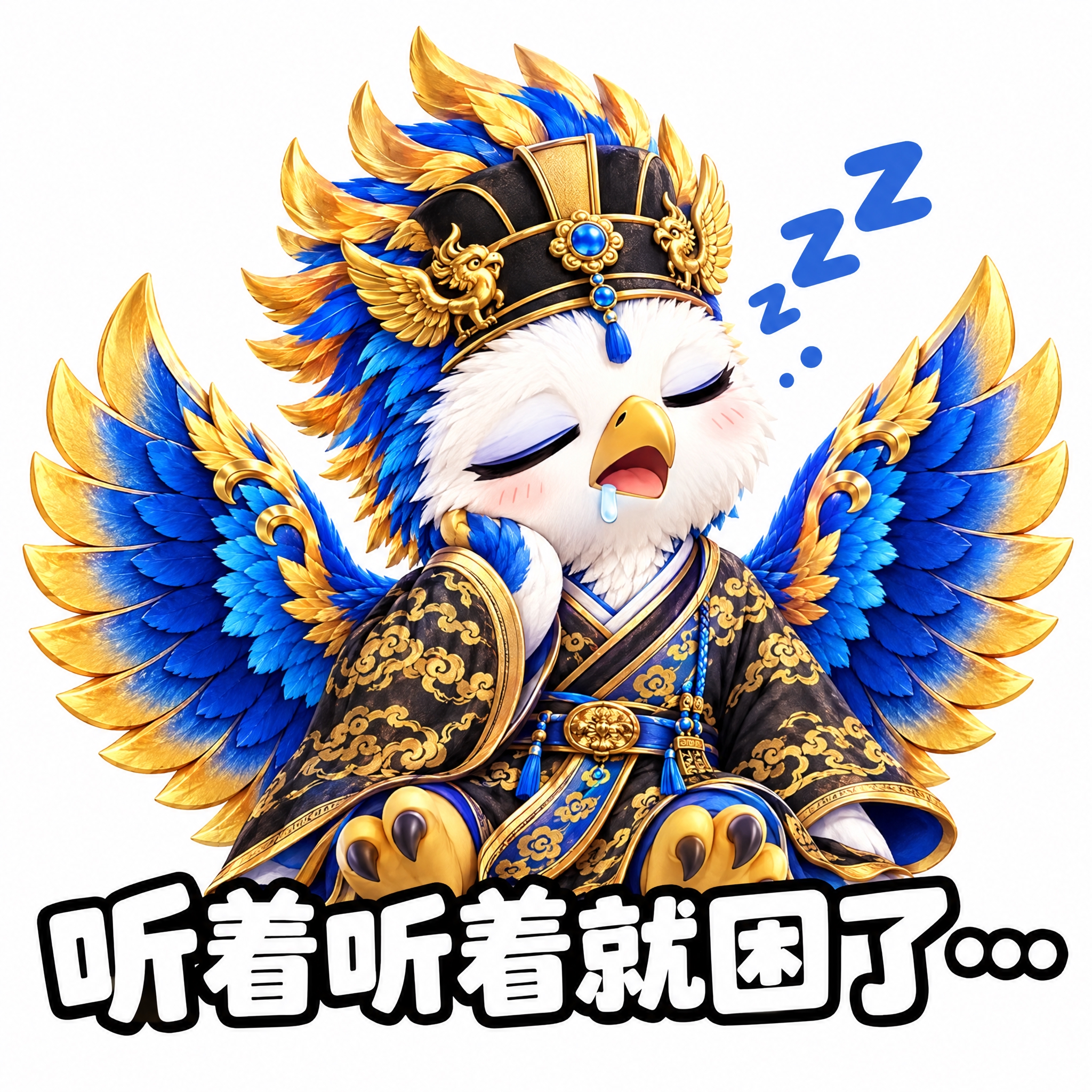 参考图中的蓝金鹰形神兽（穿黑金汉服、展翅），做成可爱表情包风格… - 图片创意预览