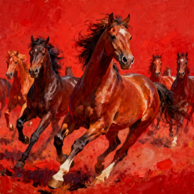 生成插画万马奔腾背景，力量，红色背景预览效果