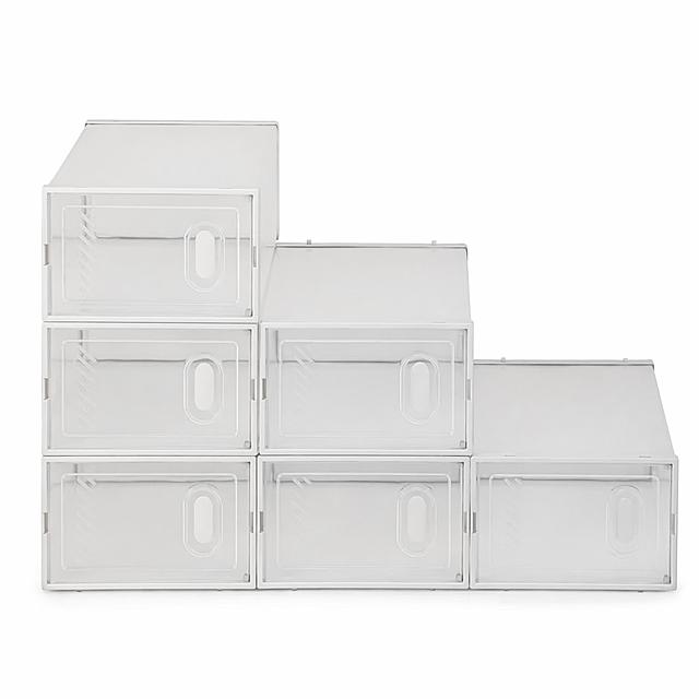 [Shoe Storage Box - Main Image 1] Pure white background product display, multiple shoe storage boxes stacked in a step arrangement, product in the center of the frame, accounting for about 85% of the picture. Keep the product appearance, physical structure, material texture and white frame with transparent drawer design completely consistent with the input product image, no deformation or color difference. The picture is clean, professional and compliant, meeting Amazon cross-border platform requirements, no extra text or logo. [Atmosphere style] Simple, clean, neutral and professional. [Picture quality] Commercial photography texture, soft and transparent light, clear and real product, clean and high-level picture. [Lighting] Soft studio light, uniform light, soft shadow, highlighting the three-dimensional sense of the product. [Color matching] Main color pure white background, product white frame with transparent body, light color matching. [Perspective composition] Head-up perspective, product complete and not cut, centered composition. [Proportion resolution] 1:1 proportion, 2048px * 2048px 2K resolution. [Negative prompt] Deformation, text chaos, product blurring, messy background, watermark, e-commerce platform logo, extra marketing information.