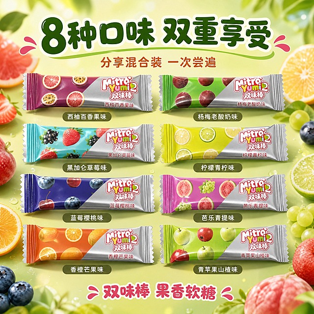 [主图-2] 多口味全家福展示图，核心任务是展示双味棒丰富的口味种类和混合装优势，让用户一目了然看到所有口味选择。
[统一基调] 整体风格为果味糖果酸甜活力风，背景主色为清新的渐变果绿到浅黄，标题字色为深绿色加粗，辅助字色为橙棕色，强调色为玫红色，字体样式为圆润可爱的卡通粗体字，字号层级分明，卡片用半透明圆角水果边框样式，整体充满果香活力与食欲感。
[画面] 画面中央整齐排列8款不同口味的双味棒独立小包装，呈两排错落摆放，每款包装颜色和图案各不相同，从上到下分别是：西柚百香果味（紫红色包装）、杨梅老酸奶味（绿色包装）、黑加仑草莓味（蓝绿色包装）、柠檬青柠味（黄绿色包装）、蓝莓樱桃味（深蓝色包装）、芭乐青提味（粉紫色包装）、香橙芒果味（橙黄色包装）、青苹果山楂味（青绿色包装）。每款包装上的品牌logo和口味名称清晰可见。包装下方有淡淡的投影，背景是对应口味的新鲜水果虚化点缀，如西柚、草莓、蓝莓、橙子等切片散落。整体产品占画面约70%。
[光影质感] 自然柔和的顶光效果，每颗独立包装都有均匀的光照，铝箔包装部分有轻微的金属光泽反光，塑料包装质感真实，阴影柔和地投在下方，整体干净明亮有食欲。
[配色] 主背景浅绿到浅黄渐变，各款包装保持原图的丰富色彩，标题深绿色，辅助文字橙棕色，强调元素玫红色，整体色彩丰富但协调统一。
[文字版式] 画面顶部中央大标题：8种口味 双重享受，深绿色圆润卡通粗体，字号最大。标题下方小字：分享混合装 一次尝遍，橙棕色字体，字号约为主标题的40%。画面底部中央标注：双味棒 果香软糖，玫红色字体。每款包装下方对应口味名称用小号白色字加半透明深色底标注，清晰可读。文字均不遮挡产品主体。
[输出要求] 1:1正方形比例，2K高清，文字清晰可读，8款包装外观与输入图一致，口味丰富展示清晰。禁止变形、错字、模糊、杂乱、水印、任何平台Logo、极限词。