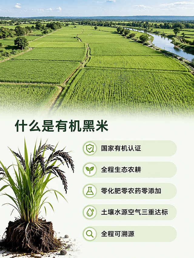 [第2屏] 有机黑米定义介绍屏，展示有机黑米整体生态种植场景。
[氛围/风格] 自然田园风，清新干净，真实农场质感。
[元素布局] 画面上半部分是大片连片有机稻田航拍视角，稻穗饱满翠绿，占屏超过50%；下半部分留出文字区域，左下角放置一株连根带土的黑米稻株特写。
[光影质感] 晴朗白天自然光照，画面明亮，空气通透，稻田层次清晰。
[配色色系] 全局底色 #F2F9F0；主色稻田绿色；辅助色浅米白底、深灰文字。
[视角构图] 俯视航拍视角，上实景下文字，自然过渡。
[文字版式] 主标题「什么是有机黑米」放在左上，正文分点介绍："国家有机认证，全程生态农耕，零化肥零农药零添加，土壤水源空气三重达标，全程可溯源"，圆角浅绿色标签搭配黑色文字，行间距舒适，移动端清晰可读。
[比例分辨率] 3:4 竖版比例，4K分辨率，文字清晰可辨，高清画质。
[负向提示词] 变形，水印，文字错乱，文字过小，缺件错件，结构错误，颜色偏差，产品图模糊，背景杂乱，极限词，虚假宣传。