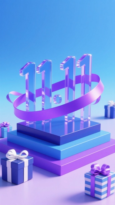 3D渲染风格的电商促销海报，整体采用明亮的蓝紫色渐变背景，营造活力四射的促销氛围。画面中央是由透明蓝紫色亚克力材质制成的立体“11.11”数字，表面光滑有光泽，底部有细微的反光效果，数字下方是由深蓝色、紫色和亮蓝色的多层展台堆叠而成，展台边缘有清晰的棱角和高光，展现出坚实的立体感。一条亮紫色的缎带从数字后方优雅地环绕并垂落，丝带末端自然飘动。展台周围散落着几个包装精美的礼物盒，其中较大的礼物盒……预览效果