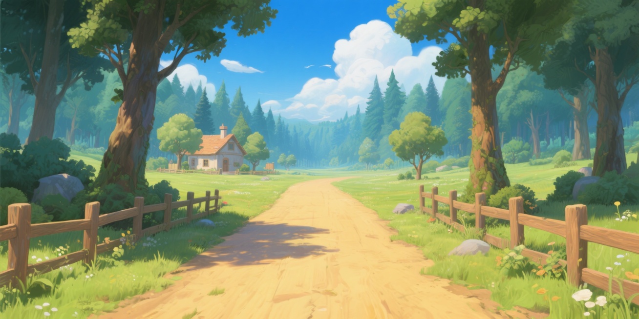 游戏插画风格的背景图，一片广袤的森林，正前方是一条横向的黄土路面，路对面有木栏围着路面，围栏后面有房屋，旁边有树木，参杂着草地，有蓝天白云，整体色调分明，卡通可爱风格，画面清晰整洁，透发出大自然的魅力预览效果