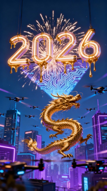 赛博朋克都市天际线为背景，数字“2026”由霓虹光管悬浮空中，光管流淌液态金色，烟花以电路纹路从数字爆发，形成全息投影，无人机群组成金色龙形穿梭其间，科技感炸裂。预览效果