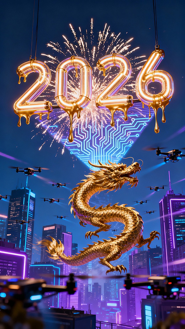 赛博朋克风融合国潮元素，鎏金巨龙腾跃于霓虹都市之上，3D混合材质的“2026”悬浮发光，烟花与电路板图案交织，无人机群环绕，未来感与喜庆感并存。