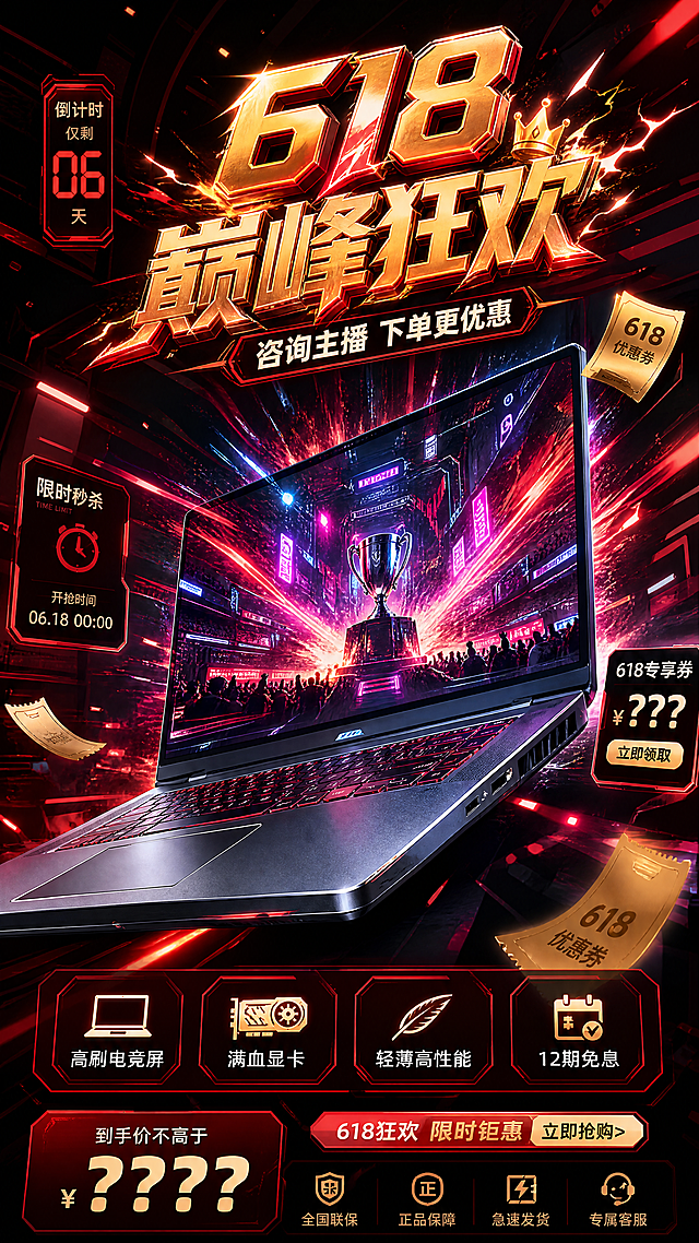 赛博朋克风3D海报，融合霓虹灯与金属质感，科技感十足，虚拟现实场景呈现电竞巅峰对决，重拟物设计强化体积感与冲击力，618促销氛围热血沸腾。