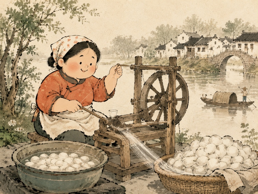延续参考图90年代江南怀旧国风绘本风格，矮胖圆润卡通，粗黑色简约轮廓，毛笔手绘笔触，米黄色宣纸肌理背景，水墨质感，颜色柔和，以朱砂白、墨绿、浅褐色为主，颗粒手绘质感，扁平化，童真质朴，横构图，展示古法预览效果