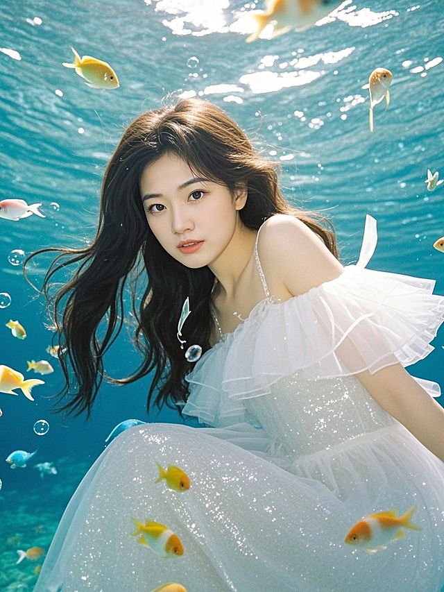 写实摄影，大片，水下拍摄，一个女生直视镜头，皮肤瓷白，飘逸长发，白色纱裙，裙子发光，环境为清澈的海水，五彩斑斓的小鱼和泡泡，艺术感