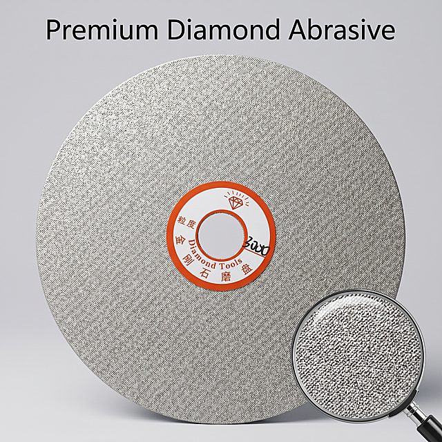 [Main Image 3] Material process detail close-up picture: diamond abrasive material details. Keep the original product appearance (physical structure, material texture, color) consistent, no distortion or color difference, fine processing. [Atmosphere Style] Macro detail display, professional technology sense. [Image Quality] Commercial macro photography, super clear, high contrast, clear granular texture. [Elements] The main picture is a close-up of the front grinding surface of the product, occupying 75% of the picture, showing the uniform and delicate diamond sand particles. There is a small magnifying glass画中画 in the lower right corner, which amplifies the local sand particle structure, showing high-density uniform sand distribution. The background is plain light gray, focusing on product details. [Light and Shadow] Side light to highlight the three-dimensional granular texture, clear texture level, moderate contrast. [Color Matching] Silver gray abrasive, light gray background, keep the original orange red logo color. [Perspective Composition] Macro close-up, centered composition, the focus is clearly on the abrasive surface. [Text Layout] Top title "Premium Diamond Abrasive", font simple, clear, no cover product. [Proportion Resolution] 1:1 proportion, 2048x2048 pixels, 2K resolution, super high-definition, clear texture. [Negative Prompt] Deformation, watermark, text confusion, blurred product image, messy background, marketing text, border, Chinese extra text.