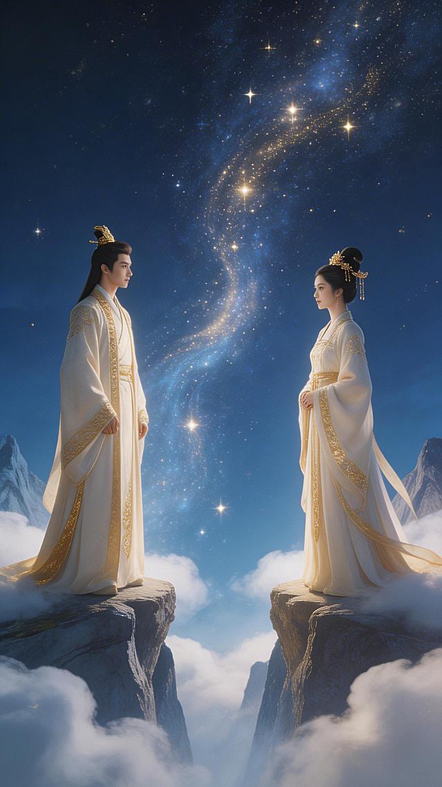 古风浪漫深情星河，对称构图，男女主角分别立于画面左右两侧，中间是流动的星河。两人各自站在山巅或云台上，隔河相望。画面庄严而浪漫，色调为深蓝与金色，无任何文字